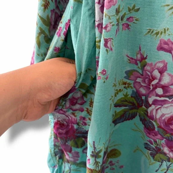 April Cornell Teal Cottage Rose Floral Print Button Down Tunic Top Boho Medium - Picture 8 of 13